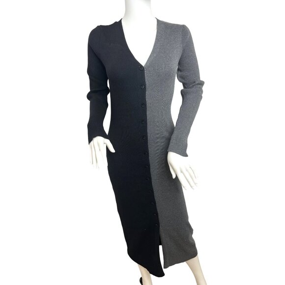 Nanette Lepore Sweater Dress S Black Grey Midi Ribbed Long Sleeve Button Down V- - Picture 1 of 14